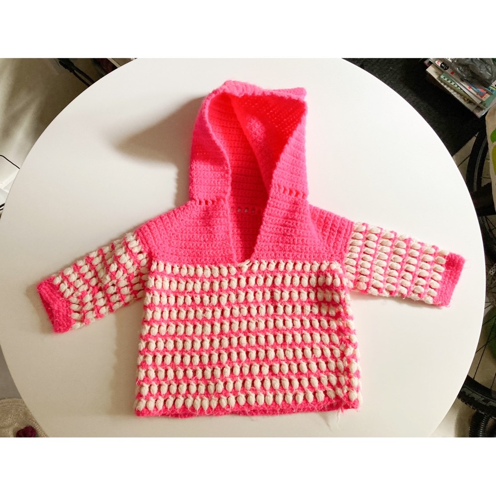 Vintage Pixie Hood Pink & White Knit Sweater MCM 70s Groovy Toddler Size 2-3